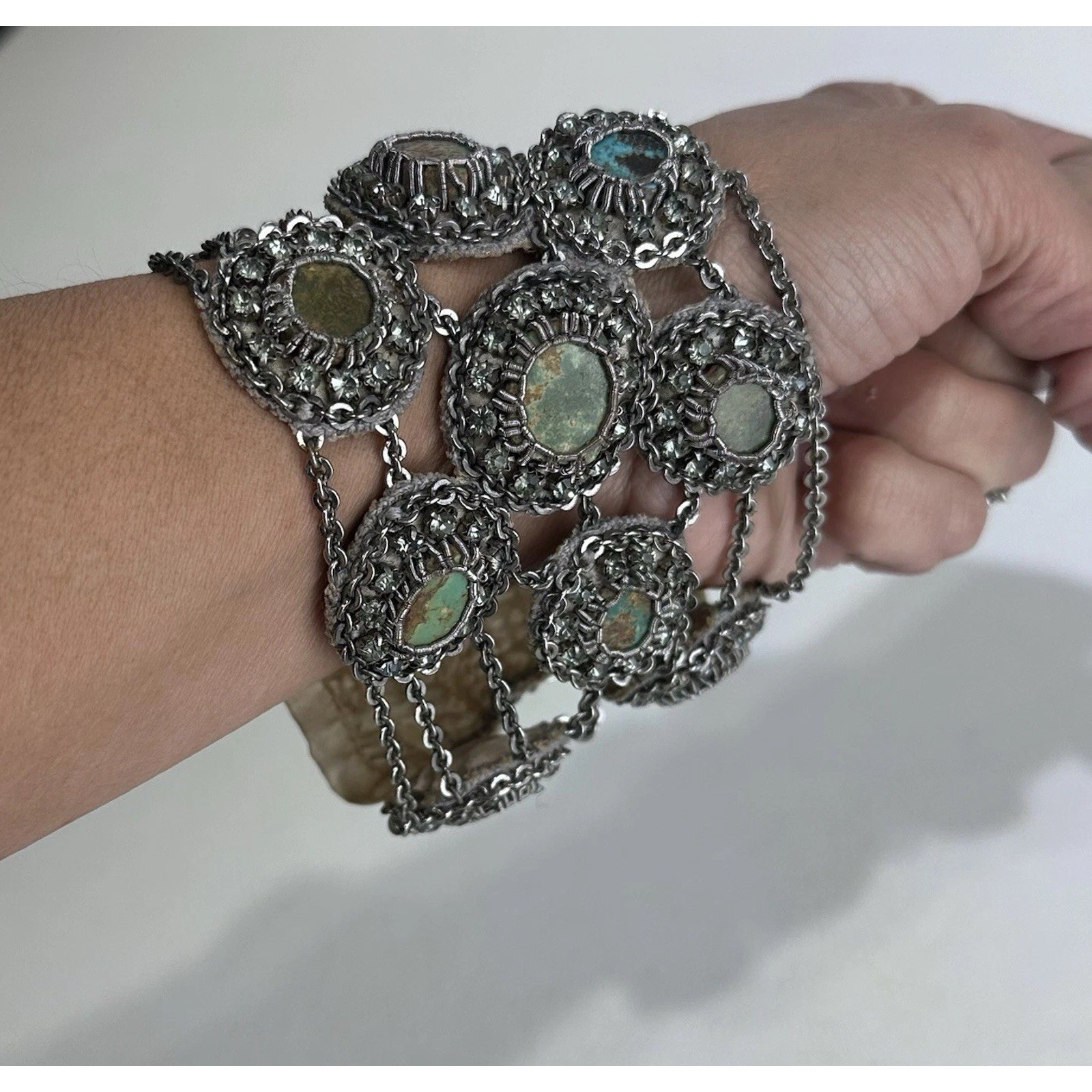 Vintage Handmade Turquoise Statement Bracelet Silver Tone Boho Artisan Jewelry